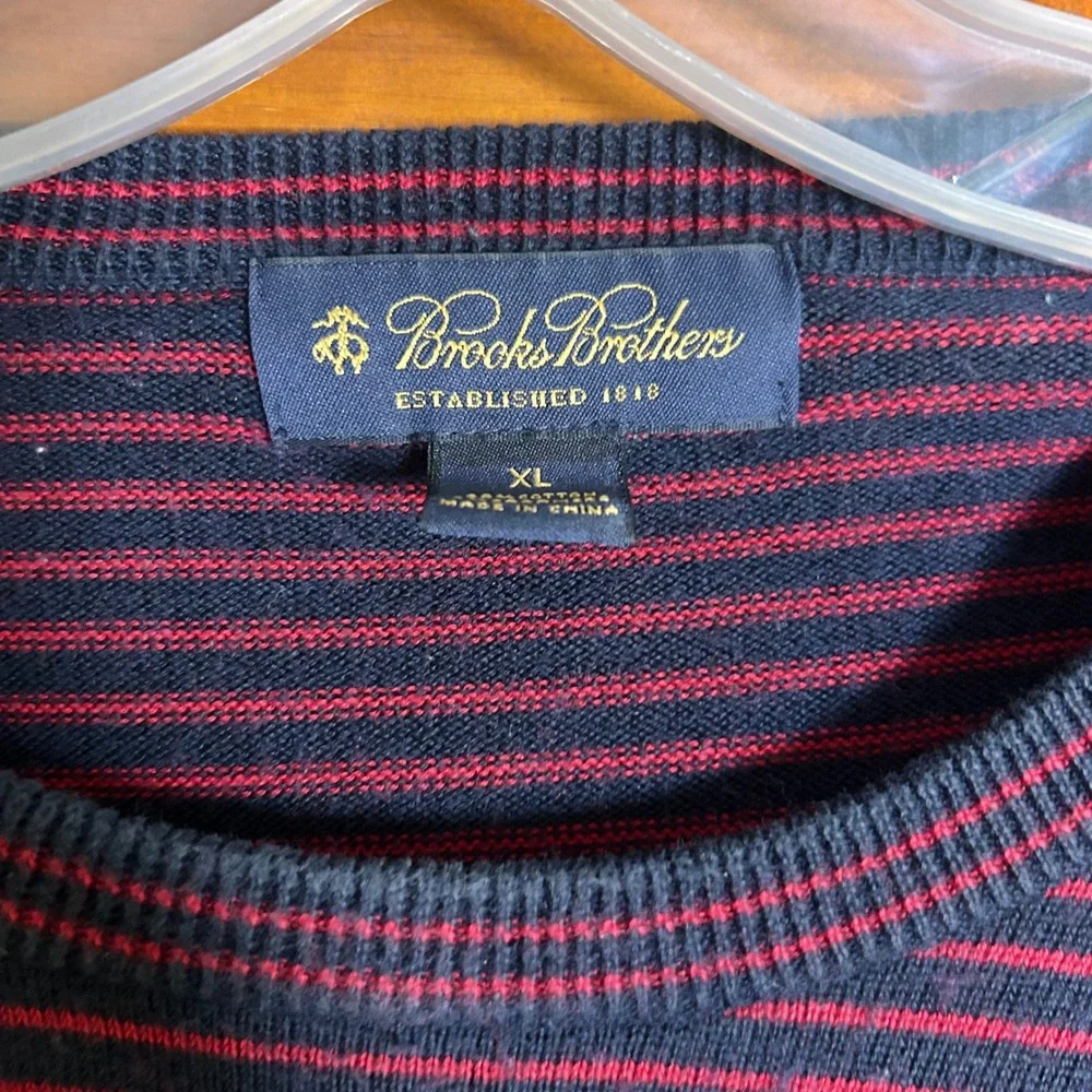 Brooks Brothers Mens XL Navy Blue Red Striped Cotton Crewneck Sweater